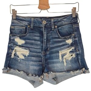 AMERICAN EAGLE Hi-Rise Shortie Distressed‎ Denim Jean Shorts Women 6 Blue Cuffed